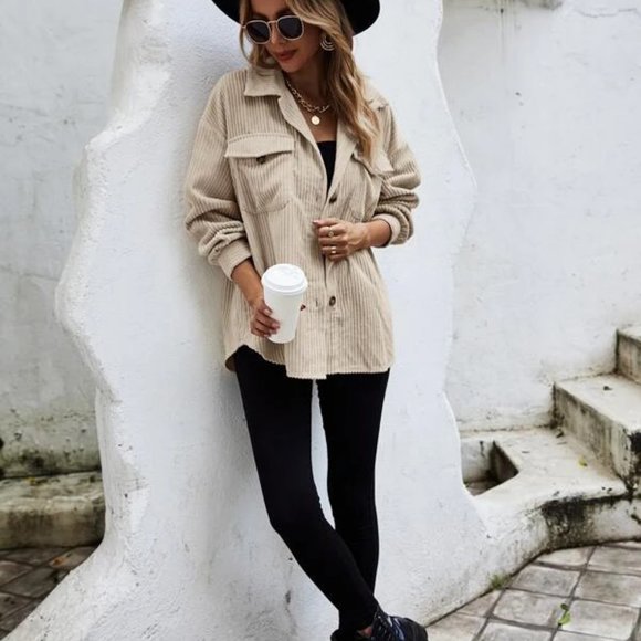 Casual Trendy Corduroy Flap Pocket Button down shirt Shacket jacket Coat beige - Picture 4 of 6